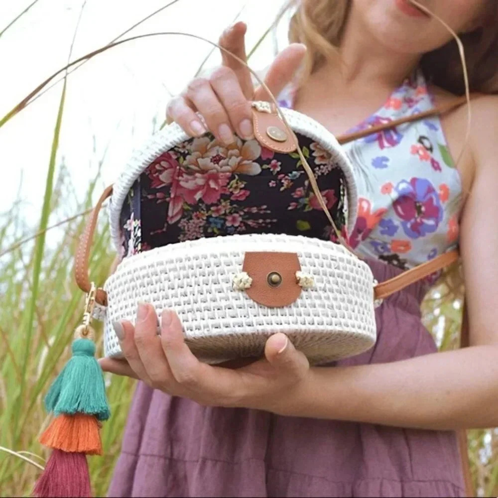 Round Wicker Rattan Hand Woven Crossbody Shoulder Purse Beach Bags leather strap